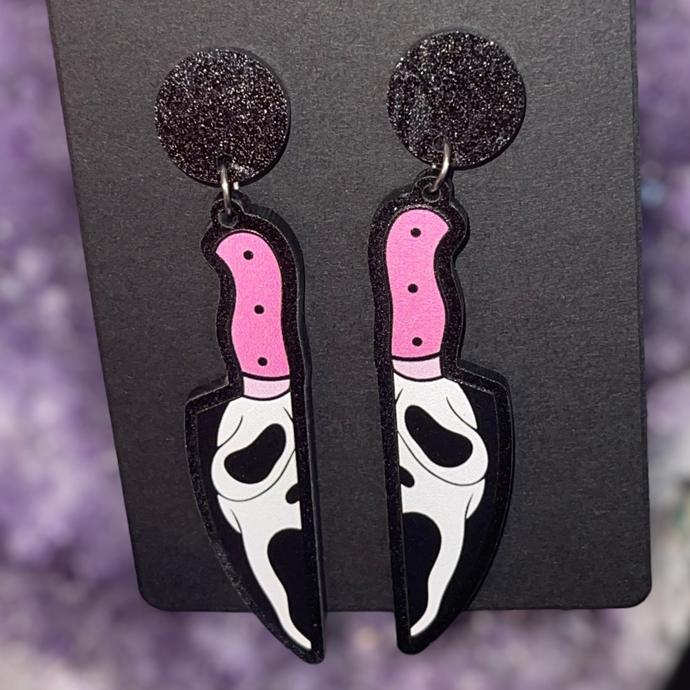 Spooky Girl Ghost Face Killer Knife Glitter Acrylic Earrings
